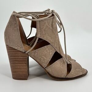 Lucky Brand Lanita Leather Feather Gray Snake Print Open Toe Heels Size 10M/40